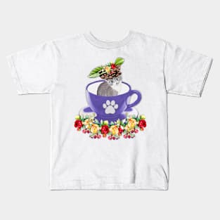 Cute Floral Coffee Cup Kitty Kids T-Shirt